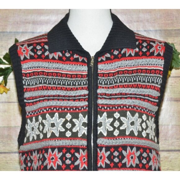 Rafaella Ladies M Zip Up Christmas Sweater Vest Snowflakes Winter Black & Red - Picture 2 of 11